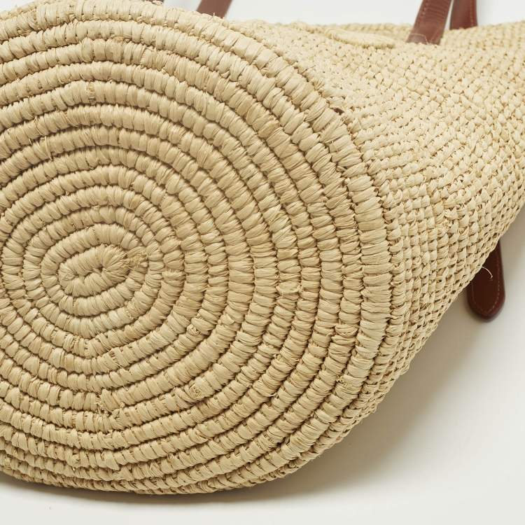 Pre Owned Paco Rabbane Logo Embroidered Cream/Brown Leather and Raffia Tote