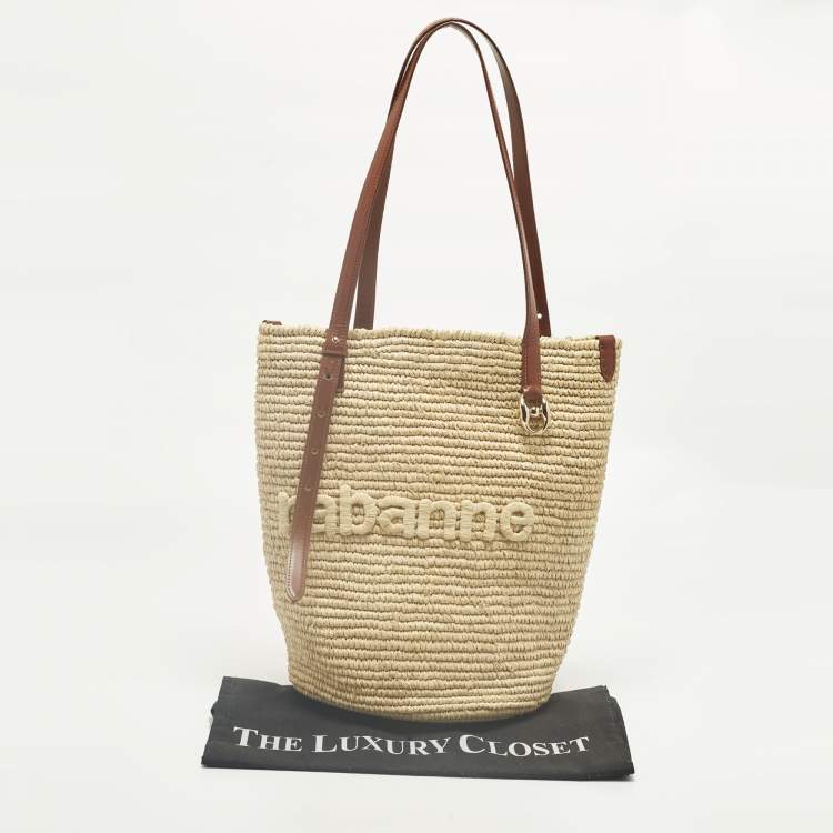 Pre Owned Paco Rabbane Logo Embroidered Cream/Brown Leather and Raffia Tote