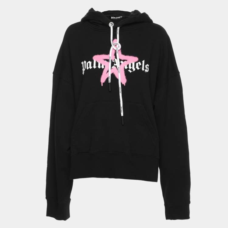 Pre Owned Palm Angels Black Cotton Knit Star Sprayed Logo Hoodie S
