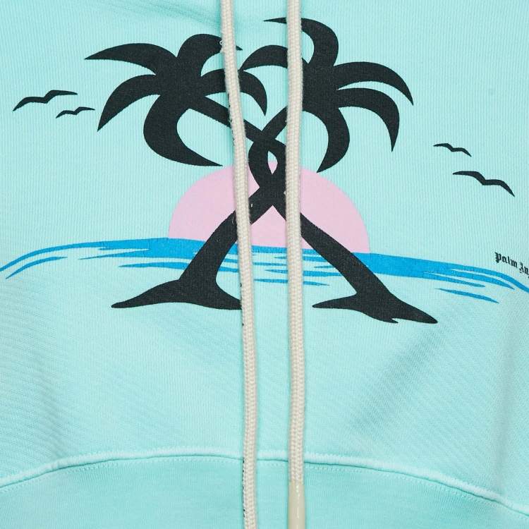 Pre Owned Palm Angels Seafoam Green Hugging Palms Print Cotton Crop Hoodie XS