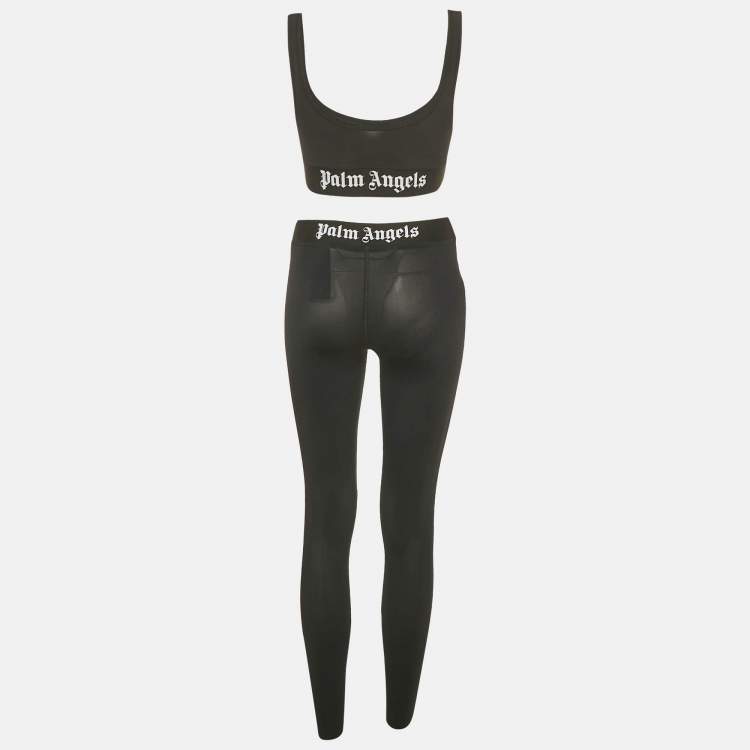 Pre Owned Palm Angels Black Nylon Jersey Logo Detail Sports Bra and Leggings Set XS