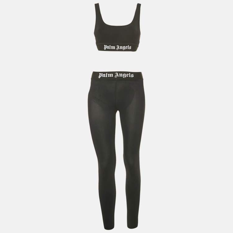 Pre Owned Palm Angels Black Nylon Jersey Logo Detail Sports Bra and Leggings Set XS