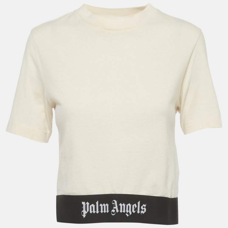مملوكة مسبقًا Palm Angels Beige Logo Hem Jersey Crop Top S