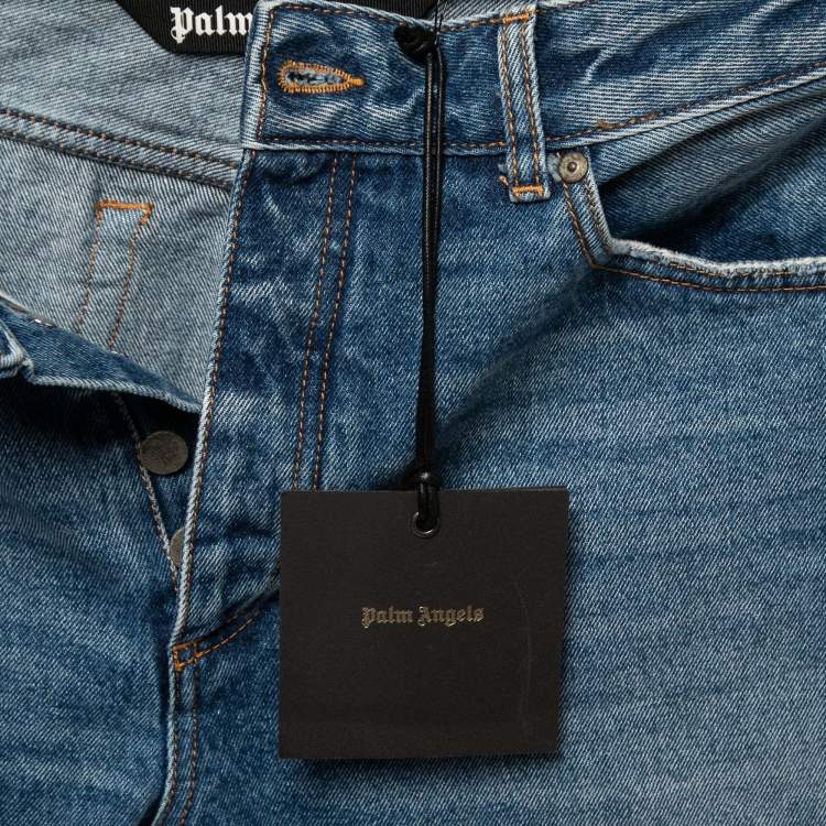 مملوكة مسبقًا Palm Angels Blue Denim Bandana Patch Straight-Leg Jeans L Waist 32"
