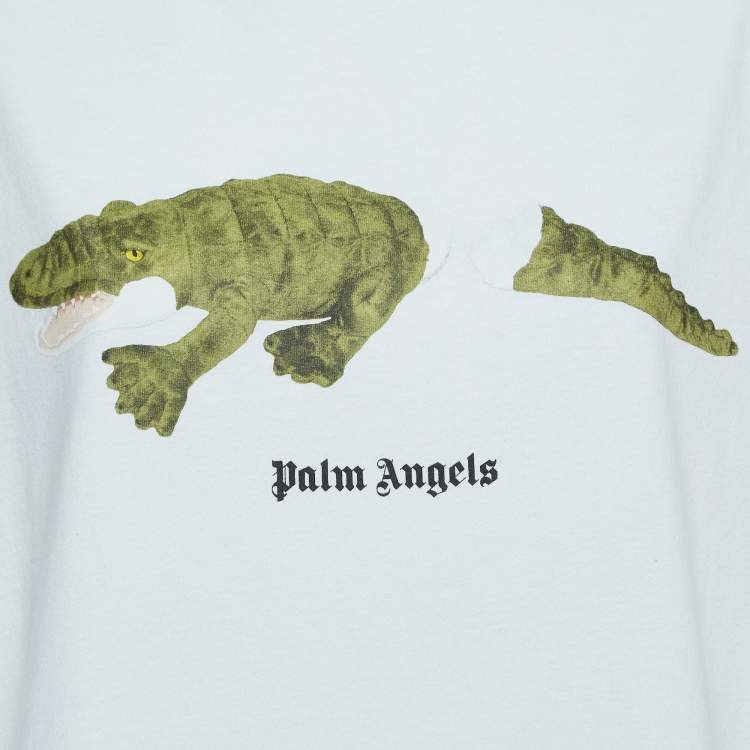 Pre Owned Palm Angels White Crocodile Logo Print Crew Neck T-Shirt L
