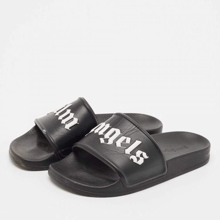 Pre Owned Palm Angels Black Leather Flat Slides Size 37