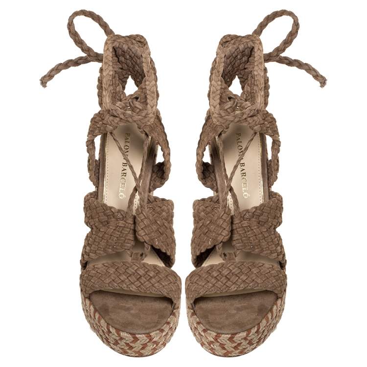 Pre Owned Paloma Barceló Beige Woven Suede Ankle Wrap Espadrille Platform Wedge Sandals Size 38