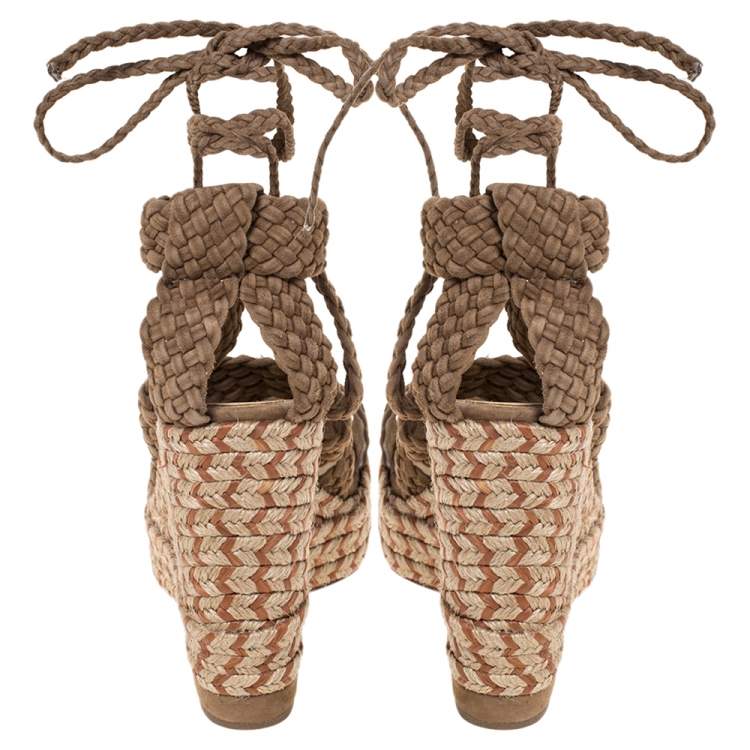 Pre Owned Paloma Barceló Beige Woven Suede Ankle Wrap Espadrille Platform Wedge Sandals Size 38