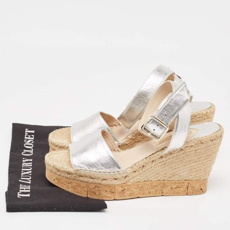 Pre Owned Paloma Barceló  Silver Leather Wedge Ankle Strap Sandals Size 41