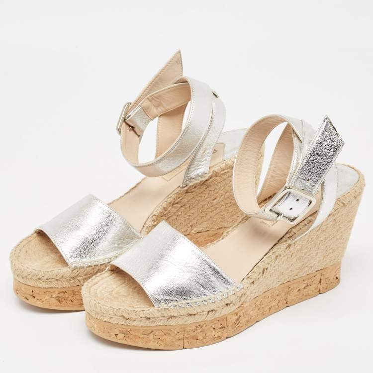 Pre Owned Paloma Barceló  Silver Leather Wedge Ankle Strap Sandals Size 41