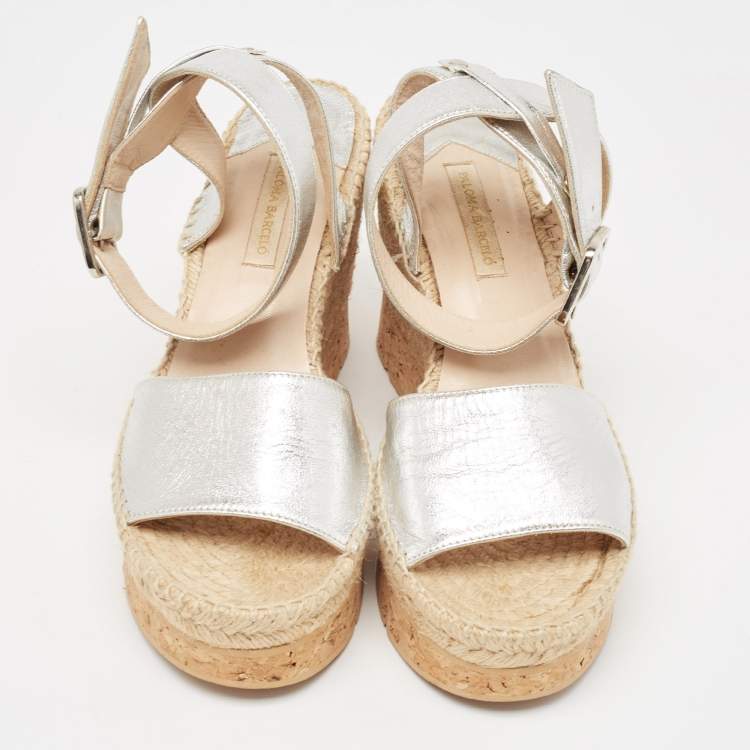 Pre Owned Paloma Barceló  Silver Leather Wedge Ankle Strap Sandals Size 41
