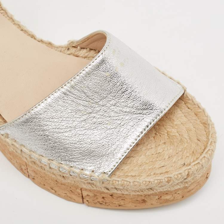 Pre Owned Paloma Barceló  Silver Leather Wedge Ankle Strap Sandals Size 41