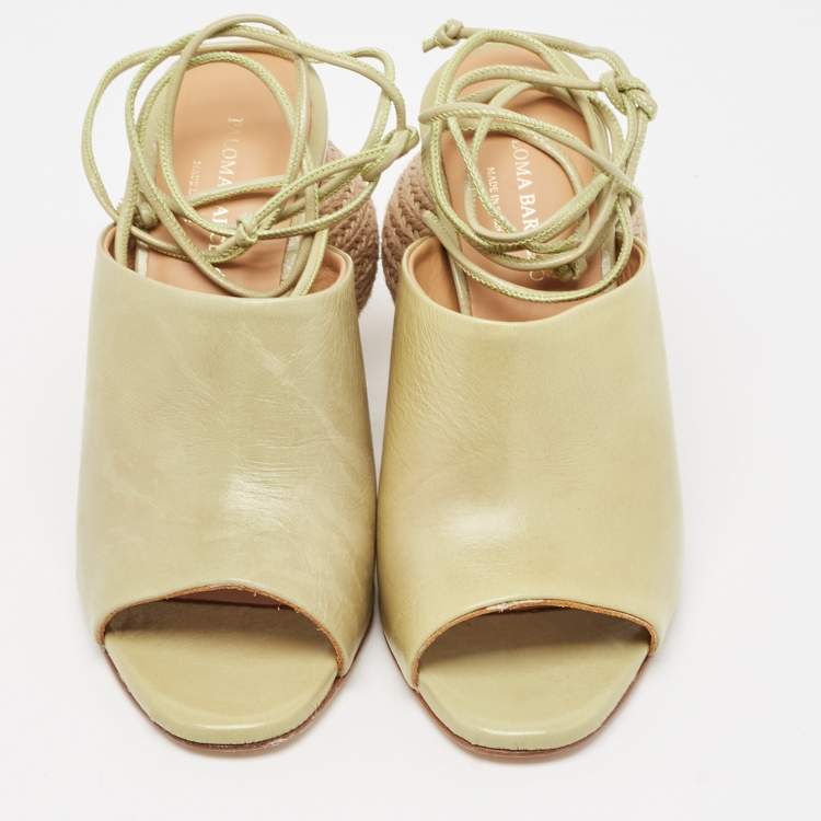 Pre Owned Paloma Barceló Green Leather Slide Raffia Heel Sandals Size 36