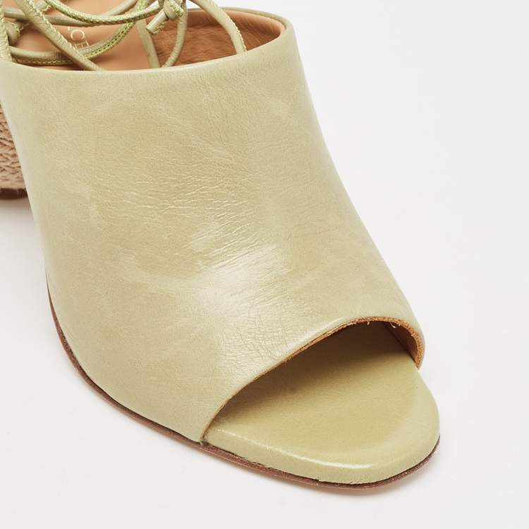 Pre Owned Paloma Barceló Green Leather Slide Raffia Heel Sandals Size 36