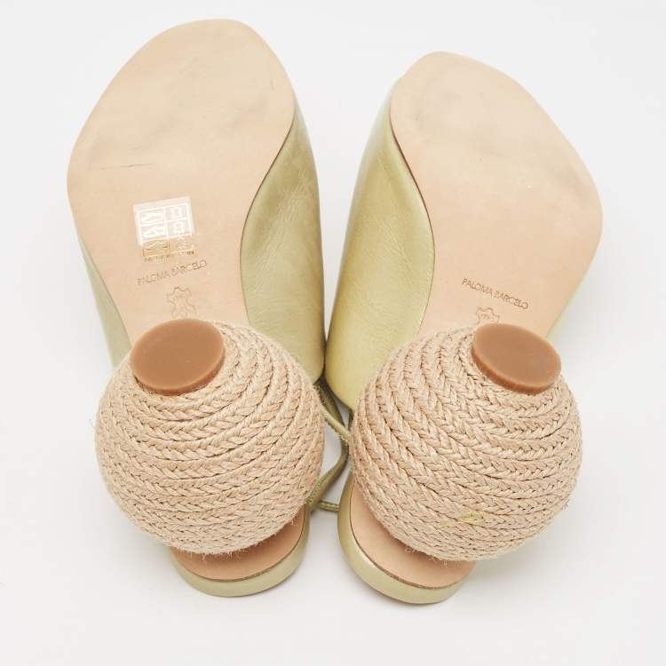 Pre Owned Paloma Barceló Green Leather Slide Raffia Heel Sandals Size 36