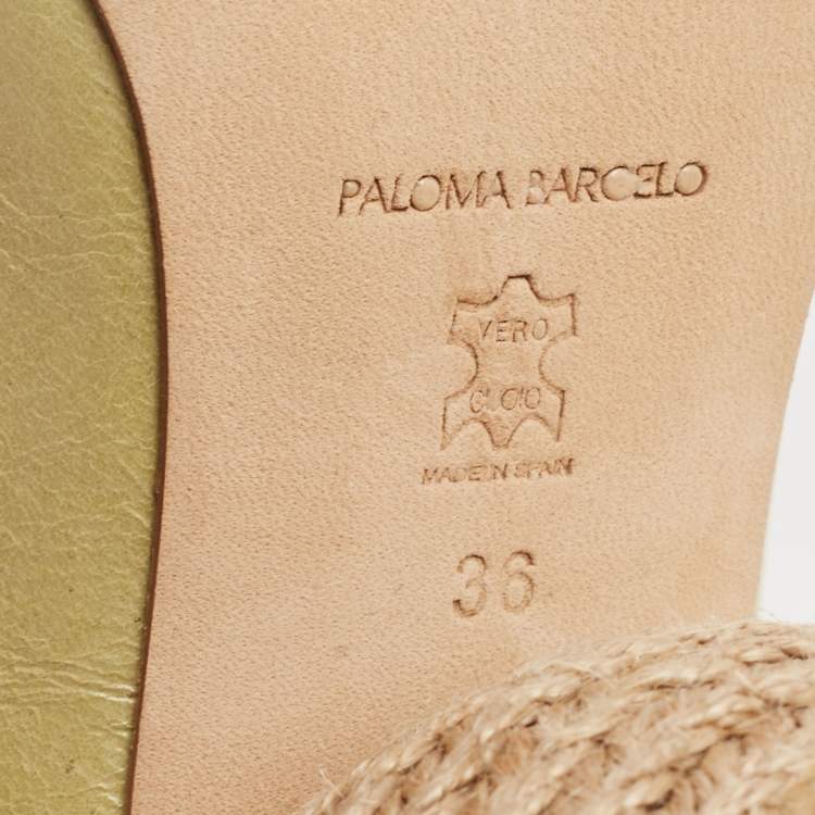 Pre Owned Paloma Barceló Green Leather Slide Raffia Heel Sandals Size 36