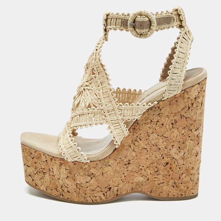 Pre Owned Paloma Barceló Beige Raffia Cork Platform Wedge Sandals Size 41