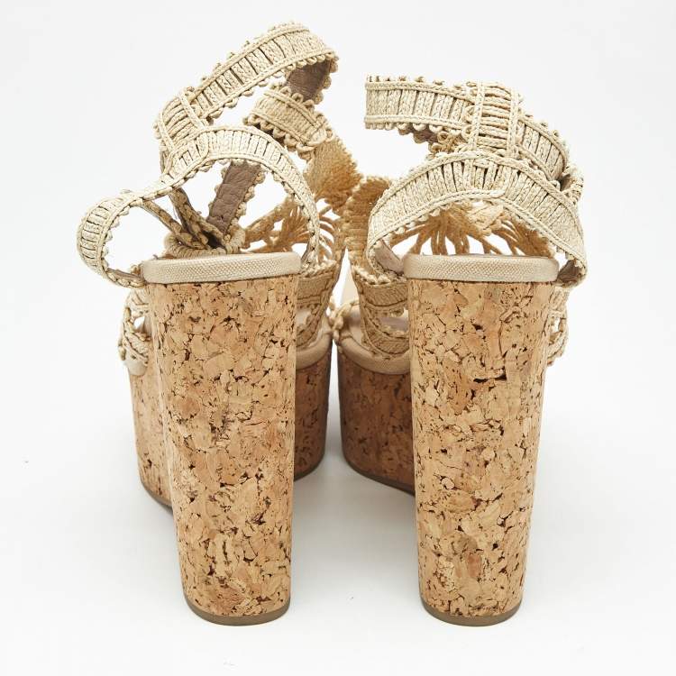Pre Owned Paloma Barceló Beige Raffia Cork Platform Wedge Sandals Size 41