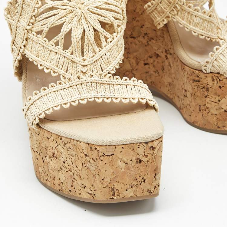 Pre Owned Paloma Barceló Beige Raffia Cork Platform Wedge Sandals Size 41