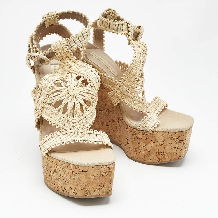 Pre Owned Paloma Barceló Beige Raffia Cork Platform Wedge Sandals Size 41