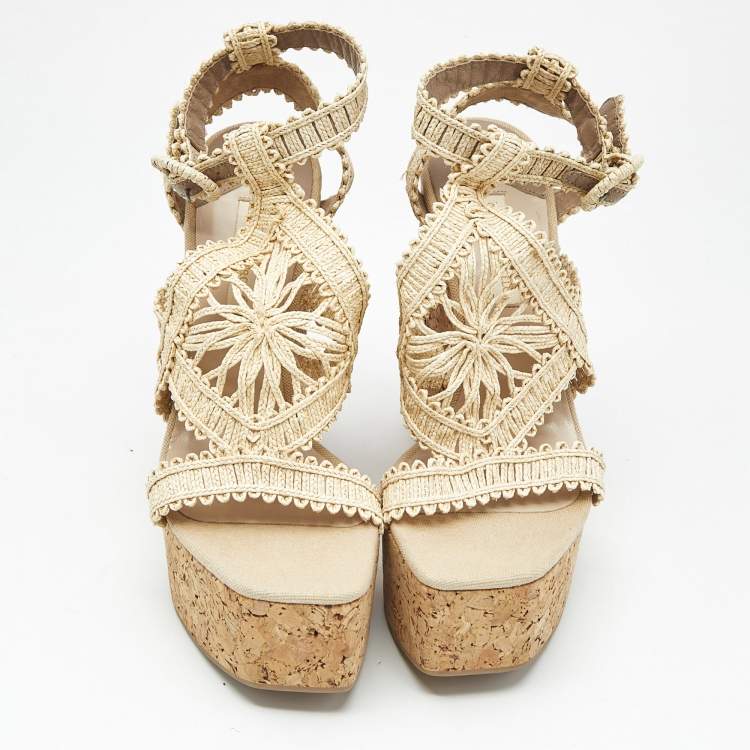 Pre Owned Paloma Barceló Beige Raffia Cork Platform Wedge Sandals Size 41