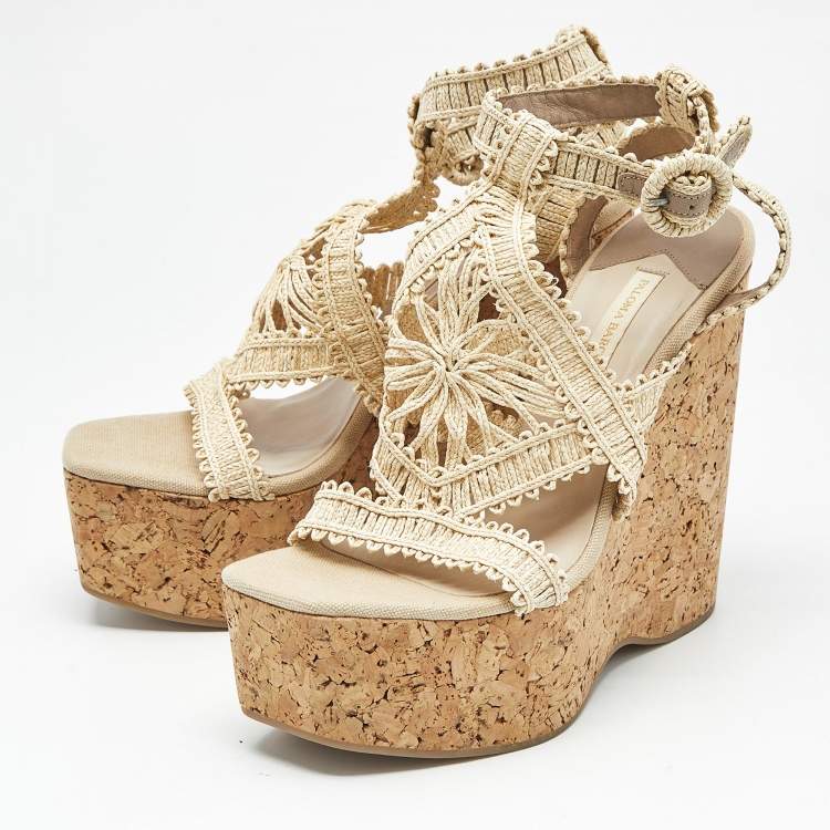Pre Owned Paloma Barceló Beige Raffia Cork Platform Wedge Sandals Size 41