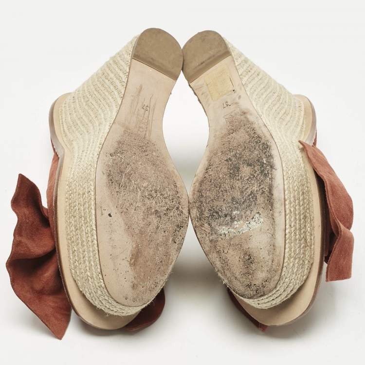 Pre Owned Paloma Barceló Orange Suede Monaco Bow Espadrille Wedge Sandals Size 37