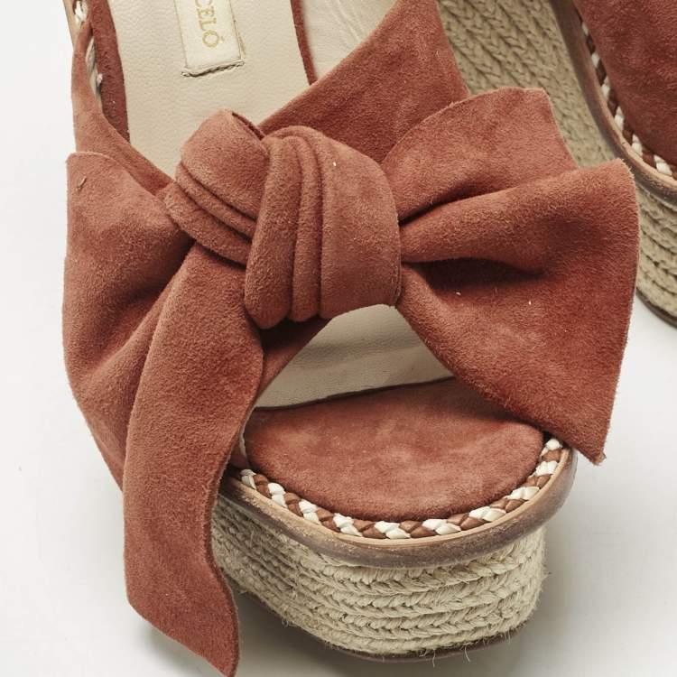 Pre Owned Paloma Barceló Orange Suede Monaco Bow Espadrille Wedge Sandals Size 37