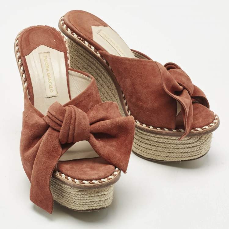 Pre Owned Paloma Barceló Orange Suede Monaco Bow Espadrille Wedge Sandals Size 37