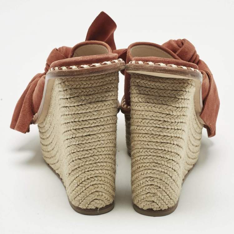 Pre Owned Paloma Barceló Orange Suede Monaco Bow Espadrille Wedge Sandals Size 37