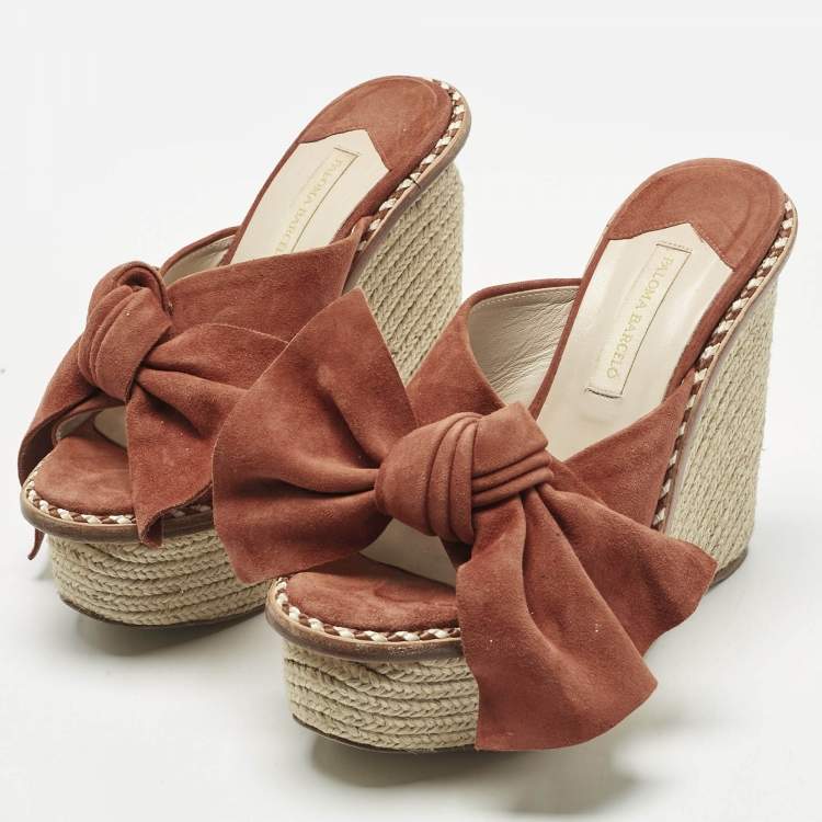 Pre Owned Paloma Barceló Orange Suede Monaco Bow Espadrille Wedge Sandals Size 37