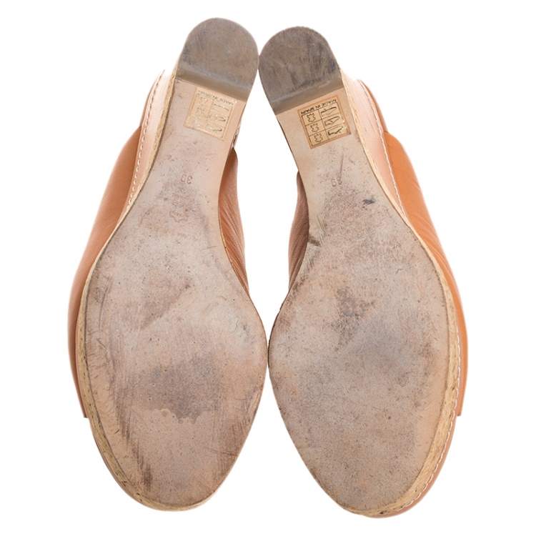 Pre Owned Paloma Barcelo Tan Leather Mule Platform Wedge Sandals Size 39