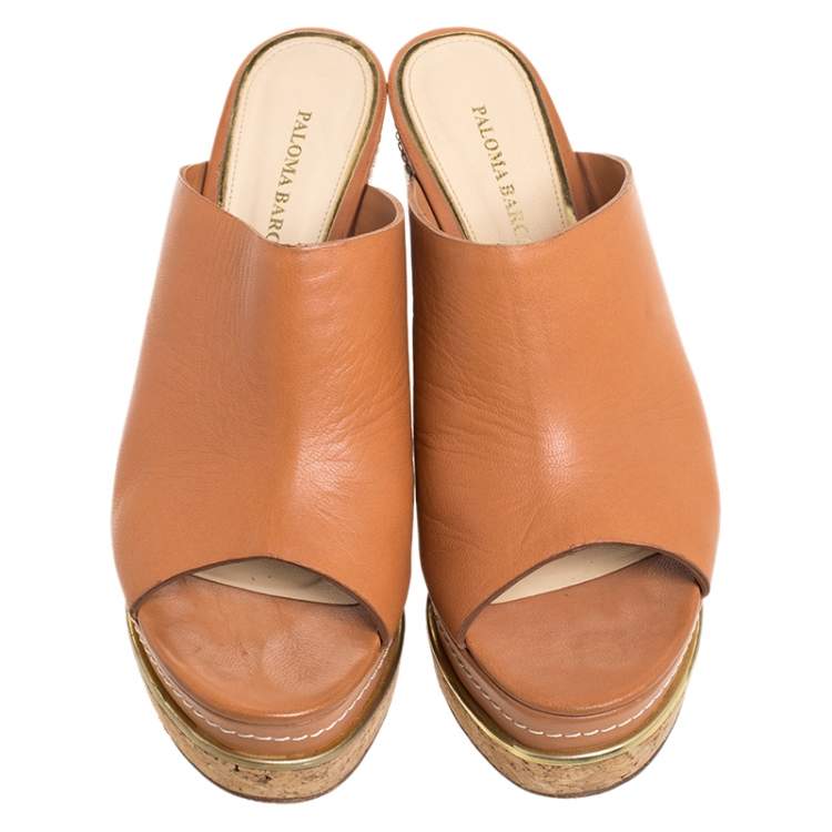 Pre Owned Paloma Barcelo Tan Leather Mule Platform Wedge Sandals Size 39