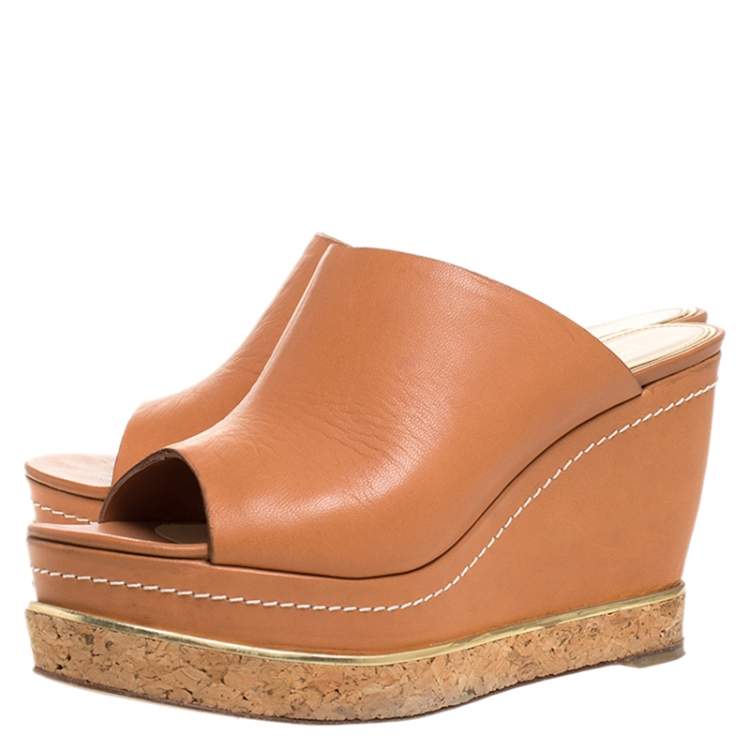 Pre Owned Paloma Barcelo Tan Leather Mule Platform Wedge Sandals Size 39