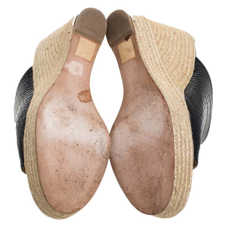 Pre Owned Paloma Barceló Black Croc Embossed Leather Espadrille Wedge Sandals Size 40