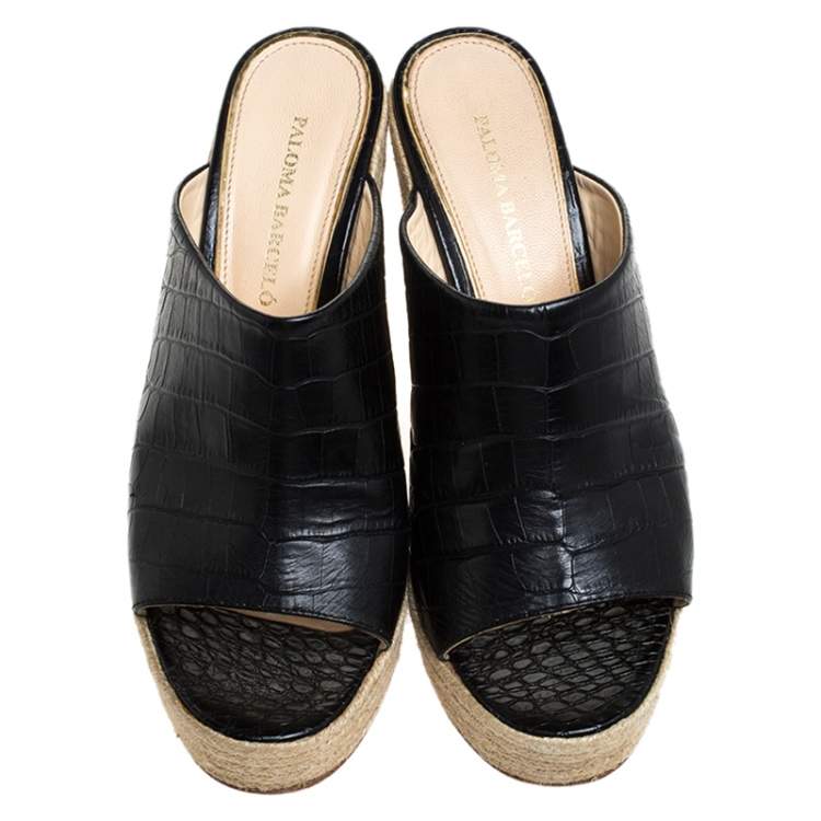 Pre Owned Paloma Barceló Black Croc Embossed Leather Espadrille Wedge Sandals Size 40