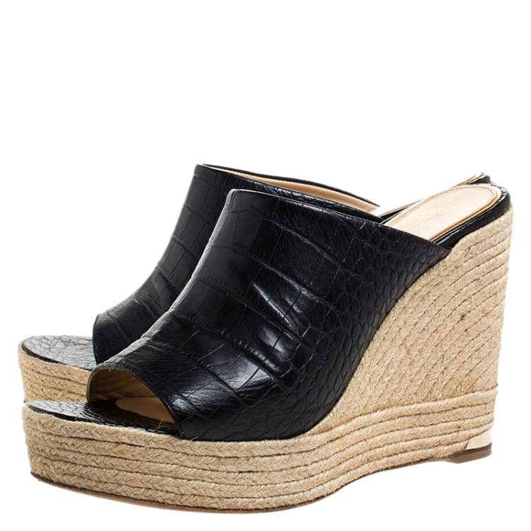 Pre Owned Paloma Barceló Black Croc Embossed Leather Espadrille Wedge Sandals Size 40