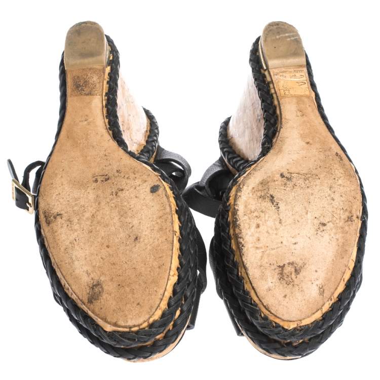 مملوكة مسبقًا Paloma Barceló Black Strappy Leather Ankle Strap Platform Cork Wedge Sandals Size 37