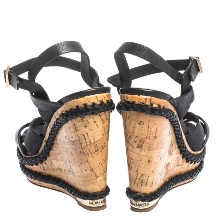 مملوكة مسبقًا Paloma Barceló Black Strappy Leather Ankle Strap Platform Cork Wedge Sandals Size 37