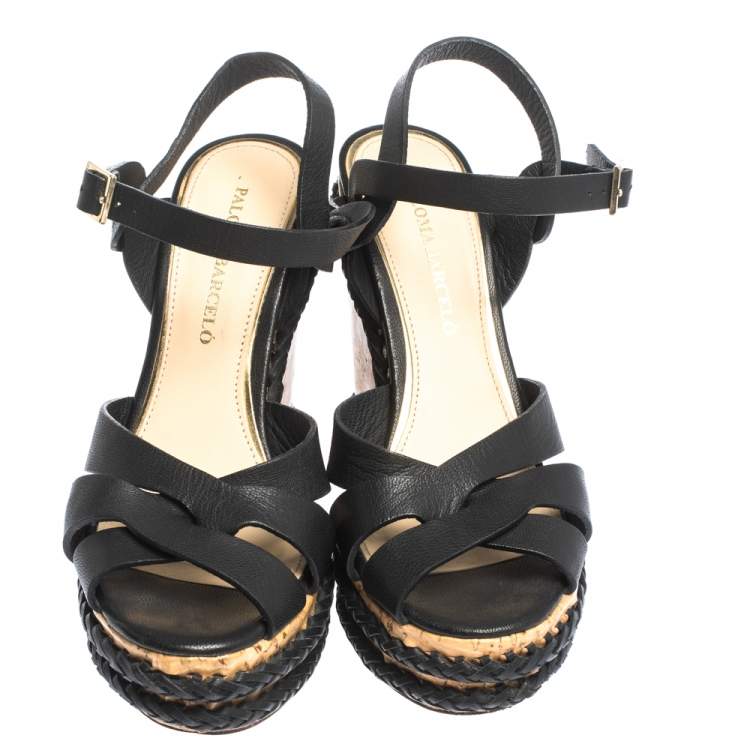 مملوكة مسبقًا Paloma Barceló Black Strappy Leather Ankle Strap Platform Cork Wedge Sandals Size 37