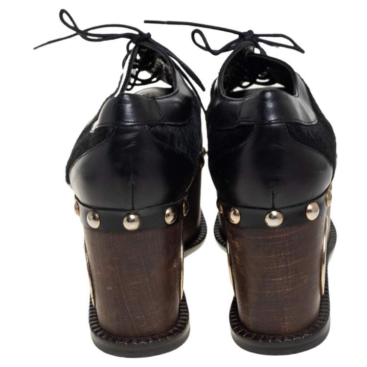 Pre Owned Paloma Barceló Black Leather and Pony Hair Studded Wedge Oxfords Size 38