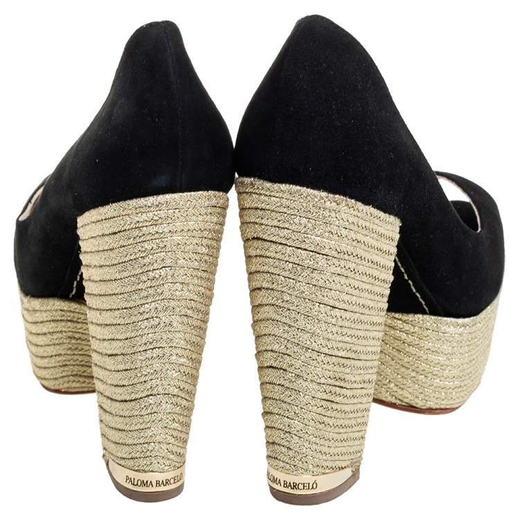 Pre Owned Paloma Barceló Black Suede Espadrilles Peep Toe Wedge Pumps Size 38