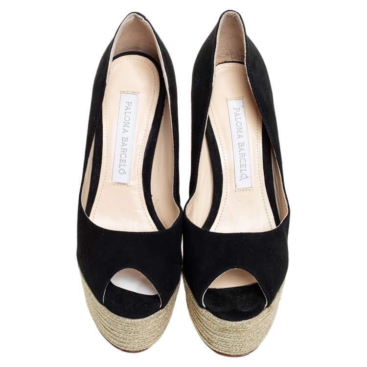 Pre Owned Paloma Barceló Black Suede Espadrilles Peep Toe Wedge Pumps Size 38