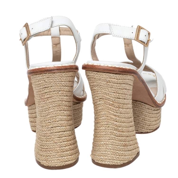 Pre Owned Paloma Barcelo White Leather Platform Ankle Strap Espadrille Sandals Size 38