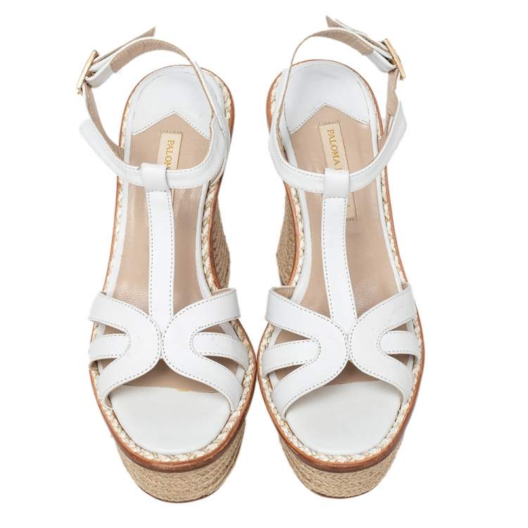 Pre Owned Paloma Barcelo White Leather Platform Ankle Strap Espadrille Sandals Size 38