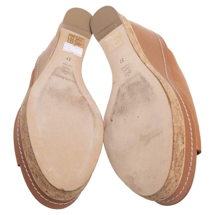 Pre Owned Paloma Barcelo Tan Leather Mule Platform Wedge Sandals Size 37