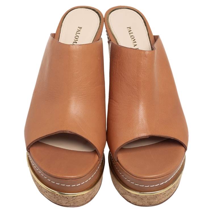 Pre Owned Paloma Barcelo Tan Leather Mule Platform Wedge Sandals Size 37