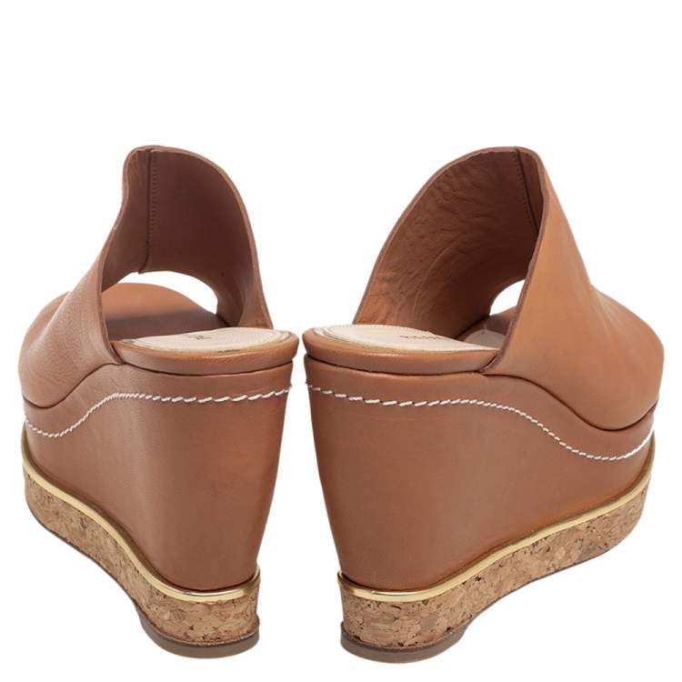 Pre Owned Paloma Barcelo Tan Leather Mule Platform Wedge Sandals Size 37