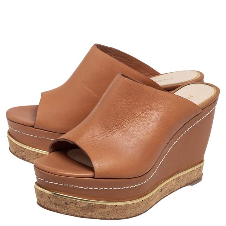 Pre Owned Paloma Barcelo Tan Leather Mule Platform Wedge Sandals Size 37