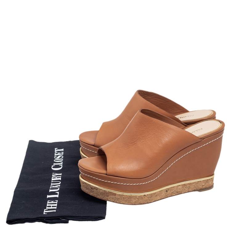 Pre Owned Paloma Barcelo Tan Leather Mule Platform Wedge Sandals Size 37